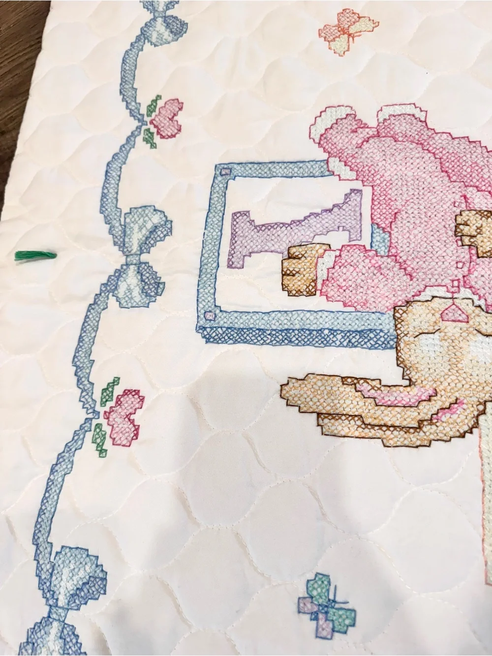 Cottagecore Handmade Baby Quilt Blanket Bunny Cross Stitch Nursery Pastel D67
